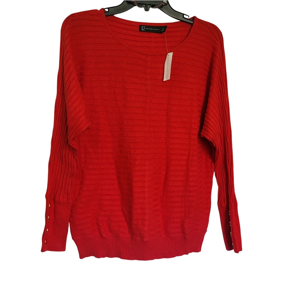New York & Co Women Red Ribbed Gold Button Long Sleeve Dolman Sweater Medium NWT
